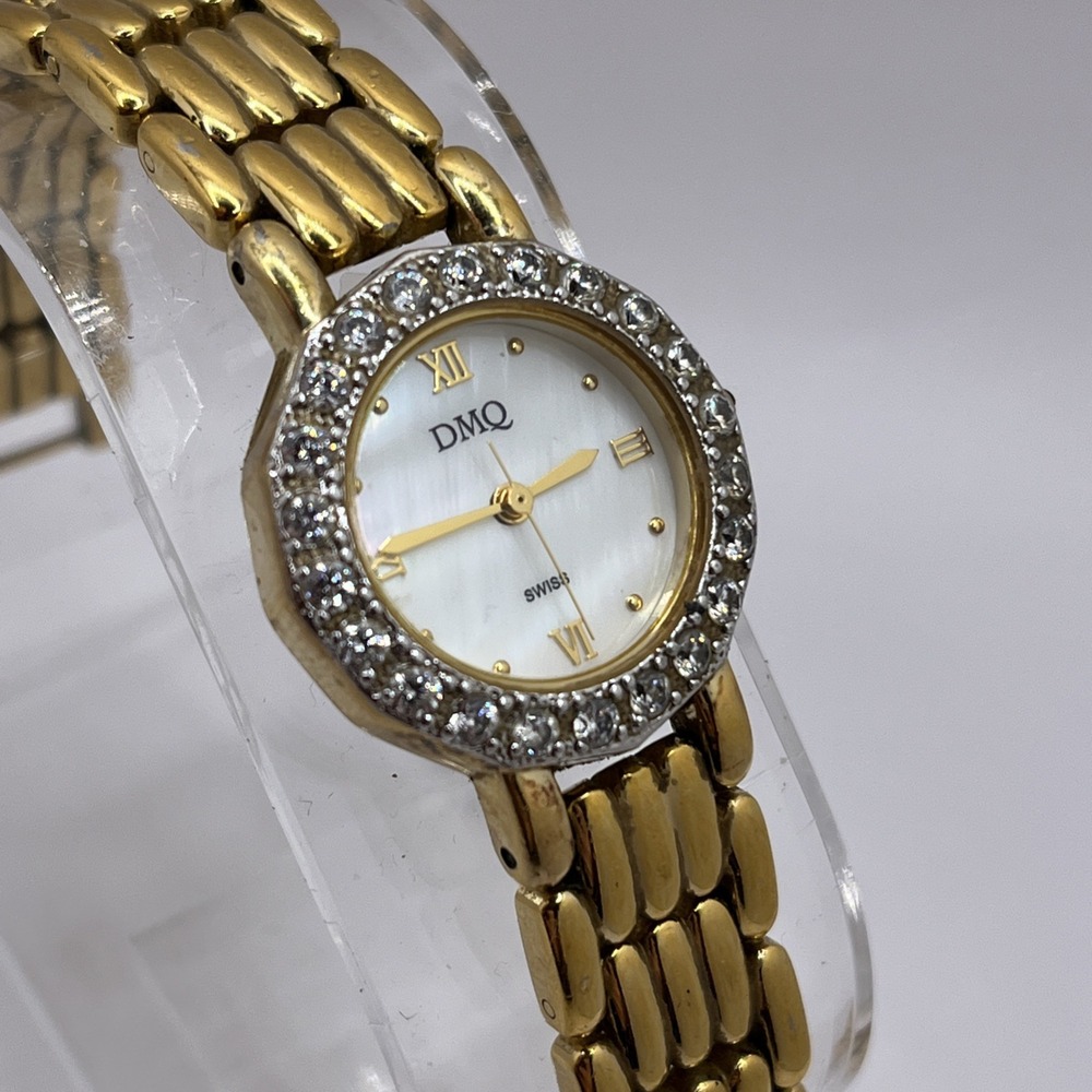 DMQ Women's Swiss Quartz Watch MOP Dial CZ Bezel Gold Band- New‎ Battery